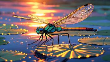 Dragonfly Resting on Lily Pad with Colorful Sunset Reflection photo