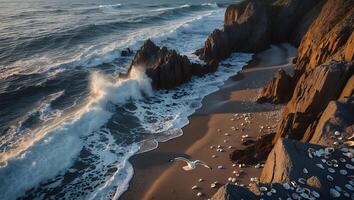 Waves Crashing on Rocky Coastal Beach with Seagull Flying Above photo