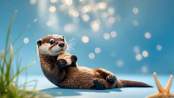 Otter Lying Down Holding Seashell on Blue Background with Starfish photo