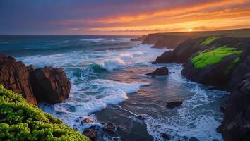 Coastal Cliffs Meeting Ocean Waves at Colorful Sunset Scenic Landscape photo