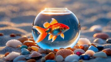 Goldfish Swimming in Clear Bowl on Beach at Sunset Serene photo