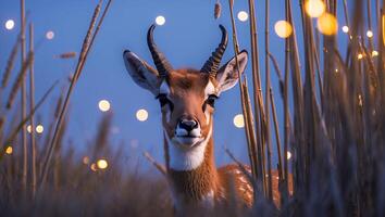 Antelope Standing Calmly in Tall Grass with Bokeh Lights photo