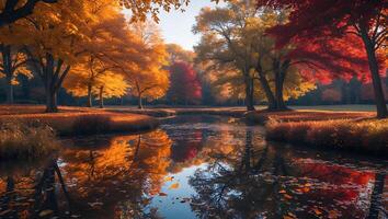 Reflecting Autumn Trees Along Pond with Colorful Leaves Scattered Around photo