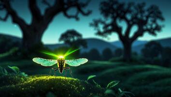 Glowing Insect Standing on Mossy Ground in a Lush Environment photo