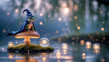 Frog Wizard Sitting on Mushroom in Fantasy Watery Landscape photo