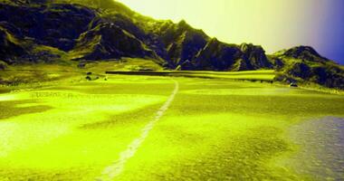CGI Vibrant landscape features winding road through glowing yellow terrain at dusk video