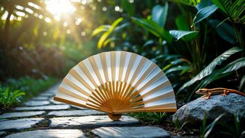 Hand Fan Resting on Stone Path in Lush Tropical Garden photo