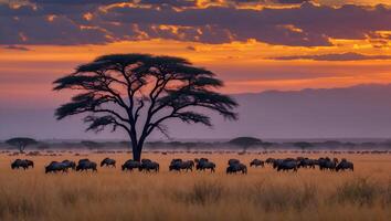 Wildebeest Grazing Under Silhouette Tree at Dusk with Colorful Sky photo