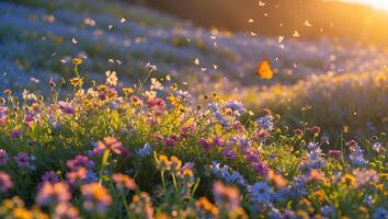 Butterfly Flying Above Colorful Flower Field During Golden Hour Lighting photo
