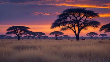 Sunset Landscape with Trees and Tall Grass in Golden Light photo