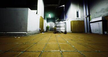 CGI Abandoned laundry room with a shopping cart in a dimly lit environment video