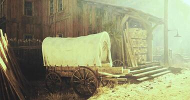 CGI Old wooden wagon near rustic building in sunlit western setting video