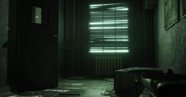 CGI Abandoned room with partially open shutters providing eerie green light video