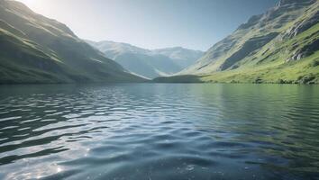Tranquil Lake Surrounded by Green Mountains Under Clear Sky photo