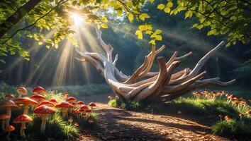 Sunlight Through Forest with Mushrooms and Fallen Tree Trunk photo