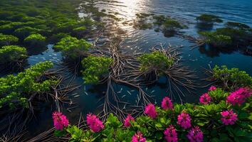 Exploring Mangrove Roots and Pink Flowers Reflecting in Calm Water photo