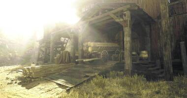 CGI Wooden barn interior with logs and tools in a sunlit rural setting video