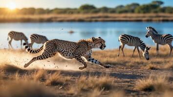 Cheetah Running Fast Near Zebra at Lake During Golden Hour photo
