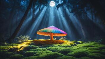 Colorful Mushroom Glowing in Forest Under Moonlight with Mossy Ground photo