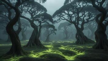 Exploring Foggy Forest with Glowing Moss Ground Cover Landscape photo