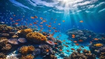 Swimming Fish Over Coral Reef with Sun Rays Underwater Scene photo