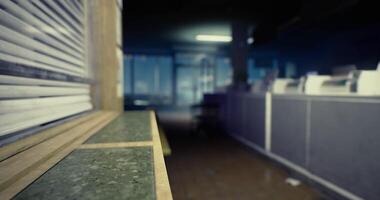 CGI Interior view of a quiet workspace at dusk with illuminated windows video