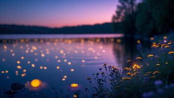 Lake at Dusk with Flower Foreground and Bokeh Lights Reflection photo
