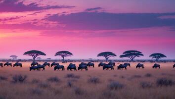 Grazing Herd at Sunset on African Plains with Acacia Trees photo