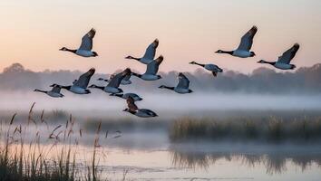 Geese Flying Over Water at Sunrise with Foggy Background photo