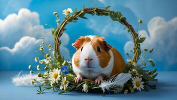 Guinea Pig Sitting in Floral Wreath with Sky Background photo