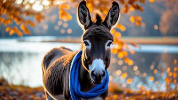 Donkey Wearing Blue Scarf by Lake Surrounded by Autumn Leaves photo