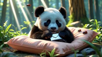 Cute Panda Holding Letter Lying on Pillow in Sunlit Forest photo
