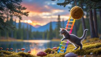 Kitten Climbing Colorful Ladder to Yarn Ball in Forest Landscape photo