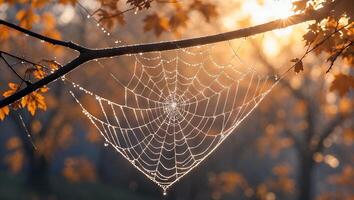 Spiderweb with Morning Dew Drops in Autumnal Golden Light photo