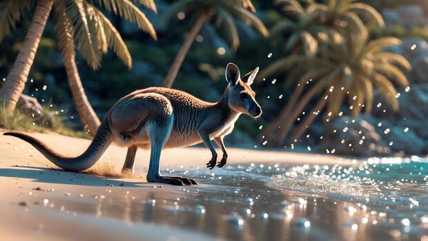 Kangaroo Hopping on Tropical Beach with Palm Trees and Sparkling Water photo