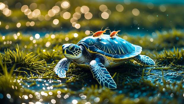 Turtle Walking on Grassy Ground with Two Small Fish on Back photo