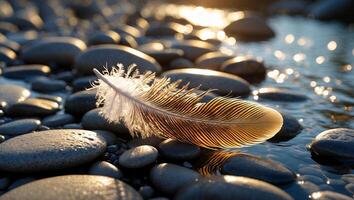 Feather Resting on River Rocks with Glistening Water at Sunset photo