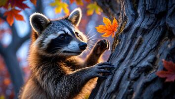 Raccoon Climbing Tree with Autumn Leaves in Outdoor Nature Scene photo