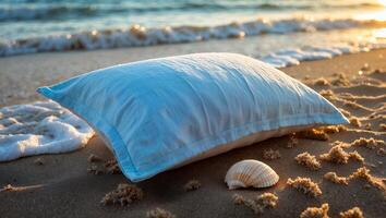 Pillow and Seashell Resting on Sandy Beach at Sunset Near Waves photo