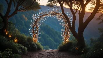 Enchanted Archway Path Leading Into Misty Mountain Landscape at Sunset photo