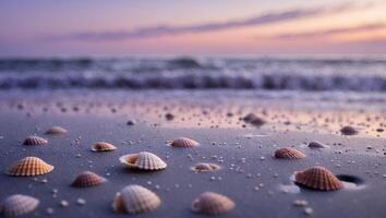 Seashells on Sandy Beach at Dusk Ocean Waves in Background photo