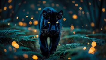 Panther Walking Through Forest with Soft Golden Lights Illuminating Ferns photo