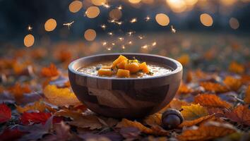 Autumn Soup in Wooden Bowl with Leaves and Bokeh Lights photo