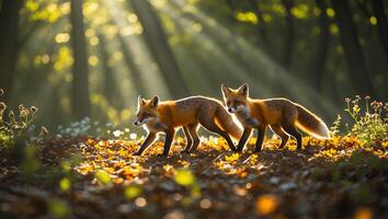 Two Foxes Walking Together in a Sunlit Autumn Forest Scene photo