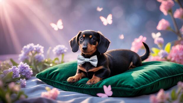 Dachshund Puppy Relaxing on Green Pillow in Floral Spring Setting photo