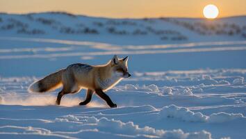 Fox Running Through Snow at Sunset on a Cold Winter Day photo