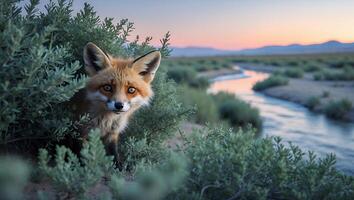 Fox Looking From Bushes by Creek at Sunset, Desert Landscape photo