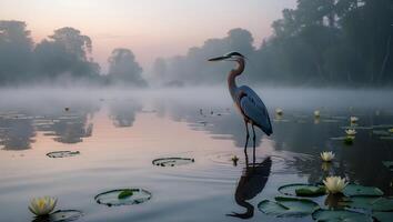 Heron Standing in Misty Lake with Lily Pads at Sunrise photo