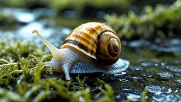 Snail Crawling on Moss in Nature with Water Reflections Closeup photo