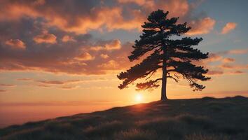 Lone Tree Silhouette on Hillside at Sunset with Orange Sky photo